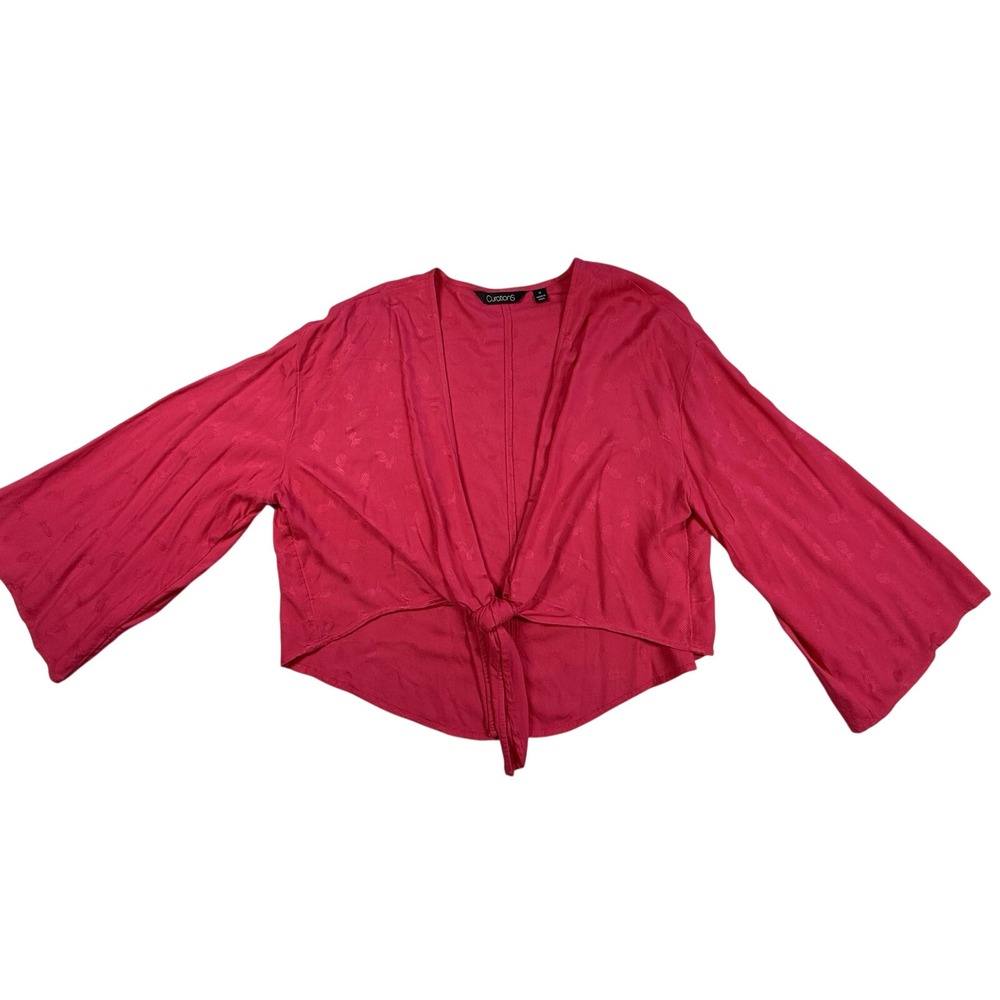 Curations‎ Cropped Kimono Top Sz M Pink Pineapple Gauze Open Tie Front Cover Up